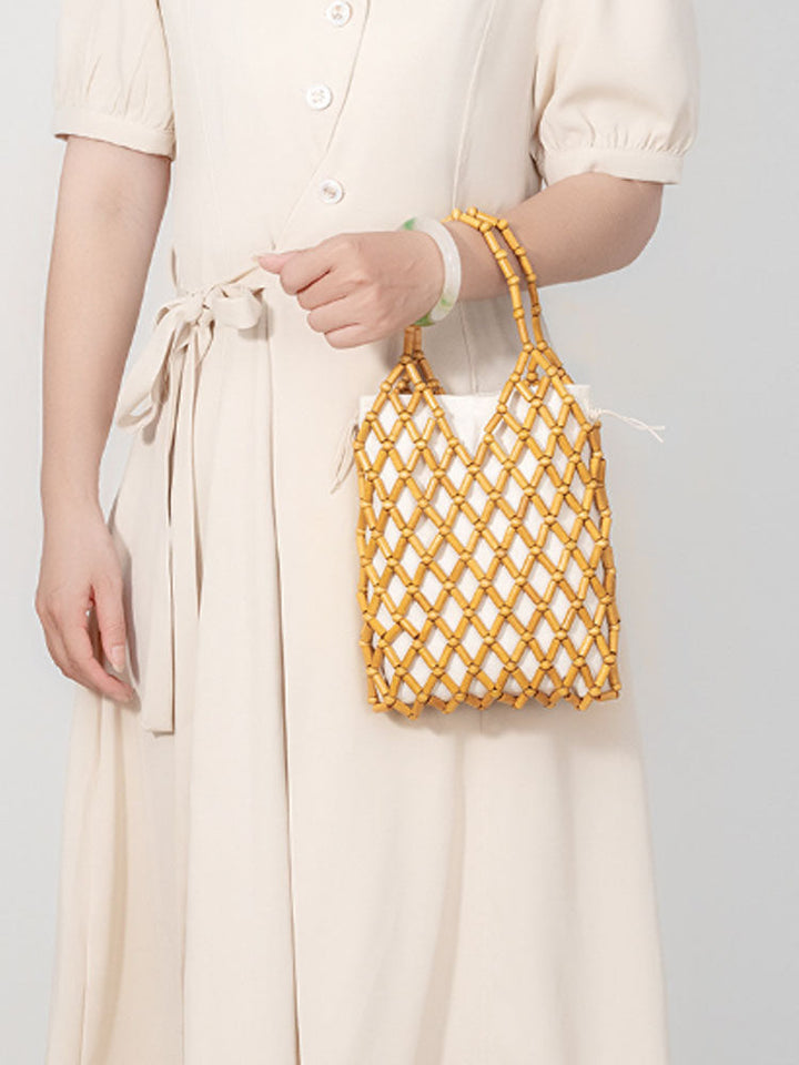 Hollow-Out Wooden Bead Woven Tote Bag