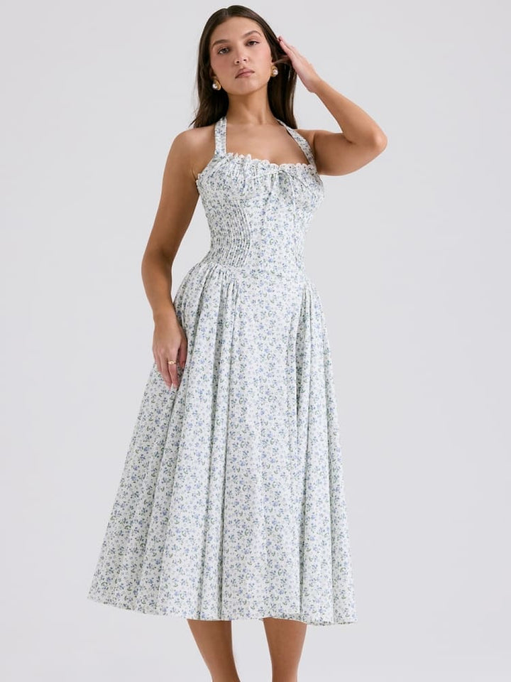 White Halter Backless Dress with Bluebell Floral Print