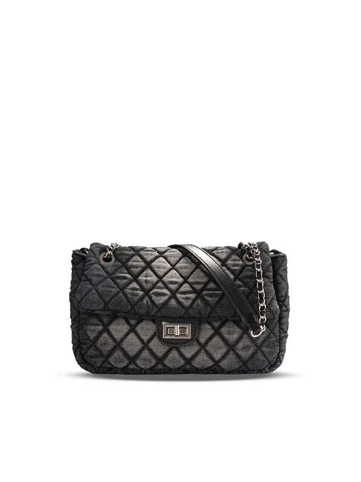 Washed Denim Quilted Chain Crossbody Bag