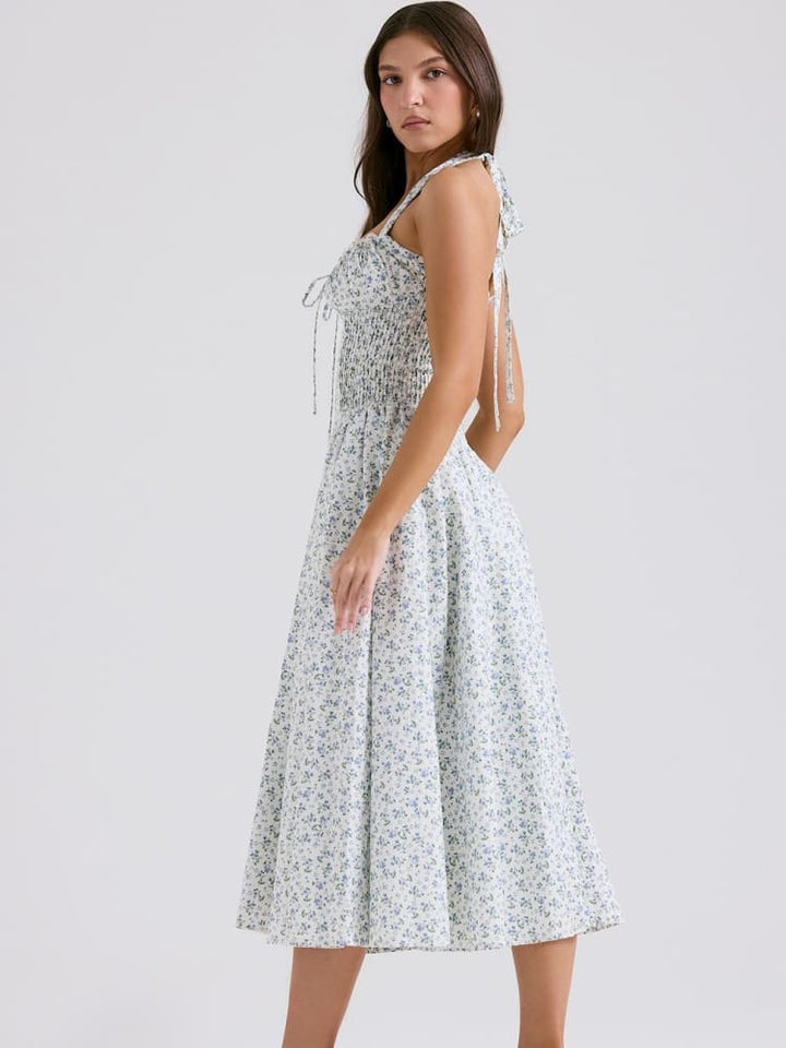 White Halter Backless Dress with Bluebell Floral Print