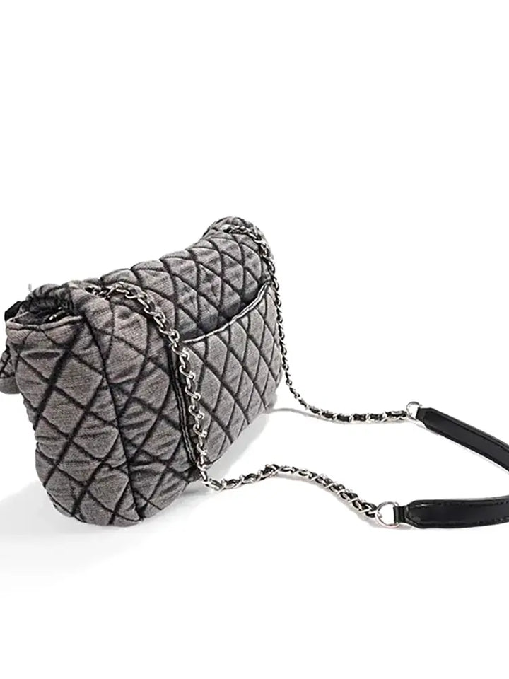 Washed Denim Quilted Chain Shoulder Bag