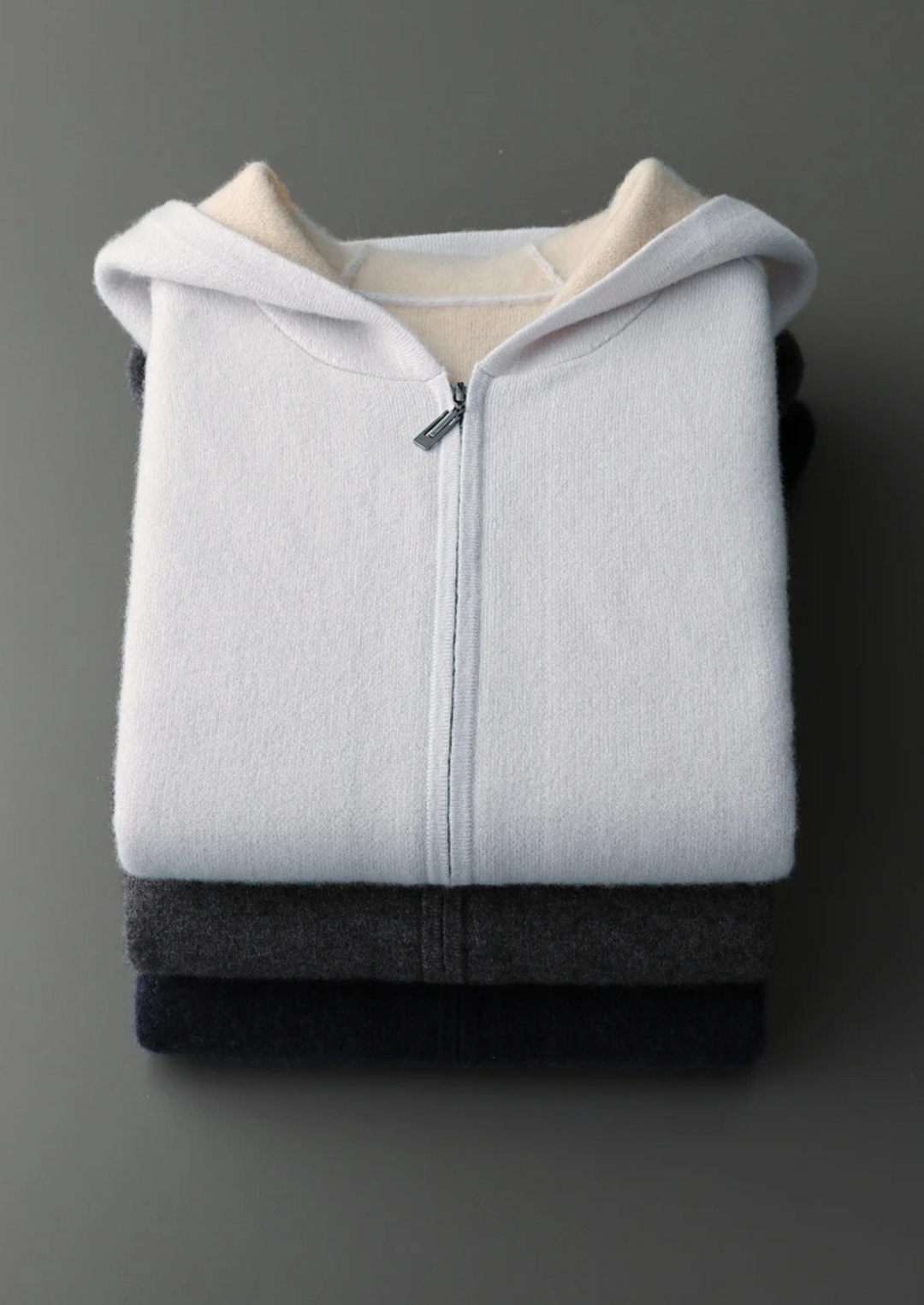 100% CASHMERE TWO -TONE ZIPPER HOODIE