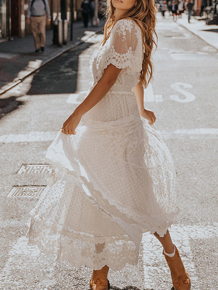 V-Neck Short-Sleeve Lace Maxi Dress