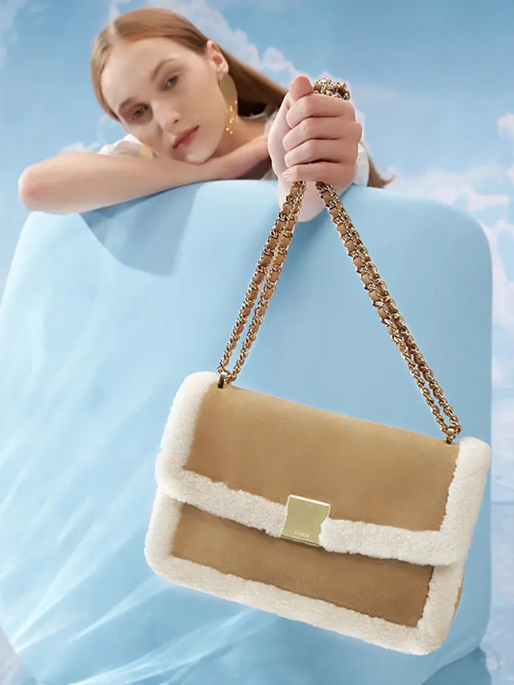 Vintage Shearling Leather Shoulder Crossbody Bag