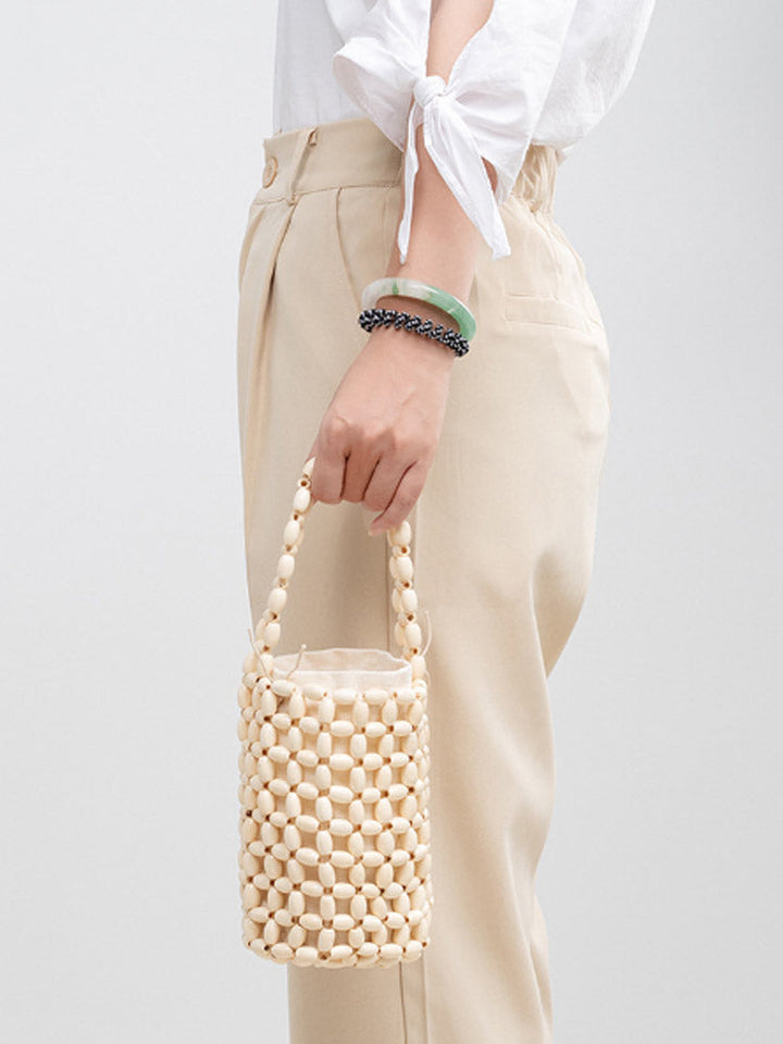 Hollowed-Out Wooden Bead Woven Bucket Bag
