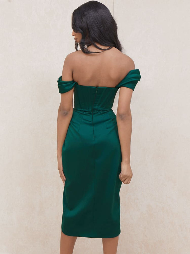 Cap Shoulder Corset Bodycon Midi Dress - Dark Green