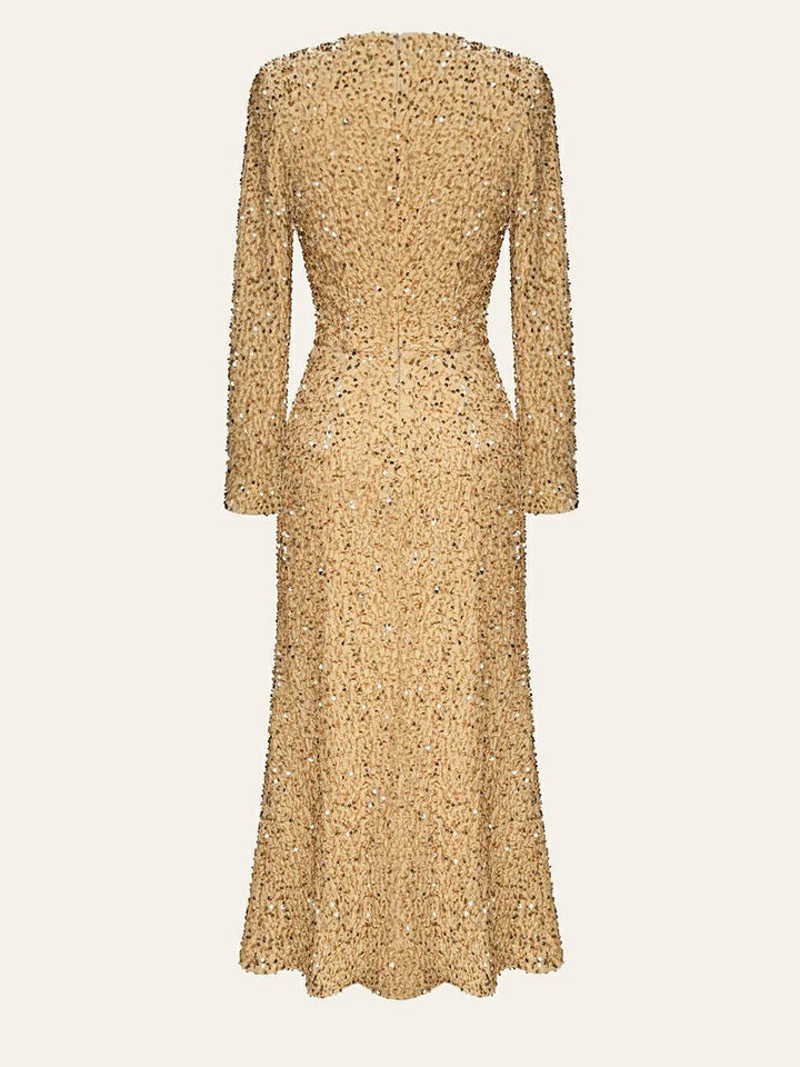 Sequin Decorated Velvet Midi Dress In Beige