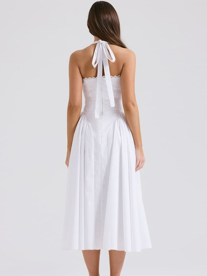 White Backless Halter Midi Dress