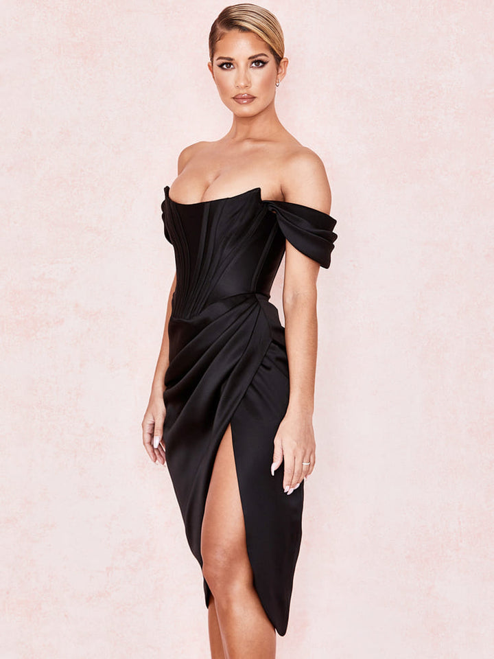 Cap Shoulder Corset Bodycon Midi Dress - Black