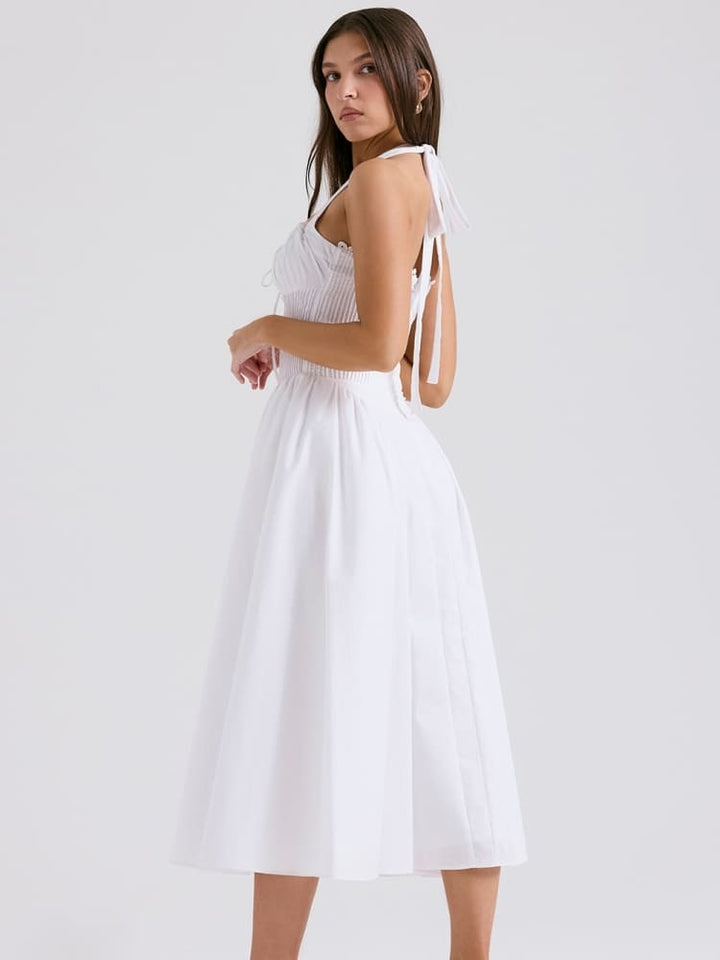 White Backless Halter Midi Dress