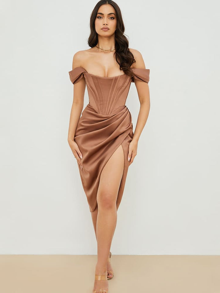 Cap Shoulder Corset Bodycon Midi Dress - Toffee Brown