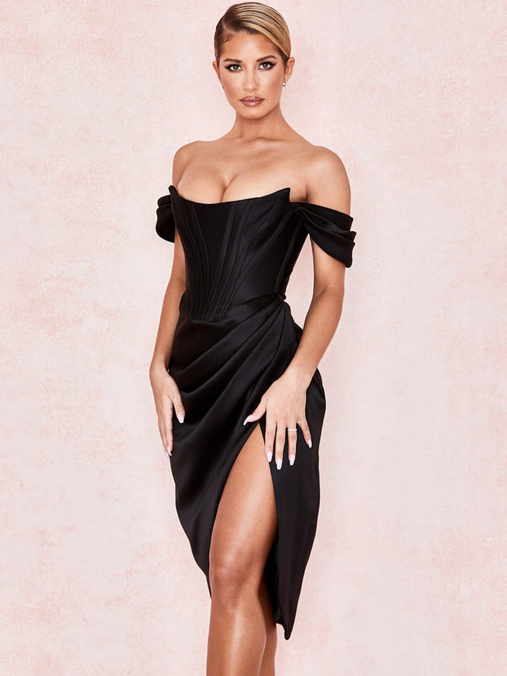 Cap Shoulder Corset Bodycon Midi Dress - Black