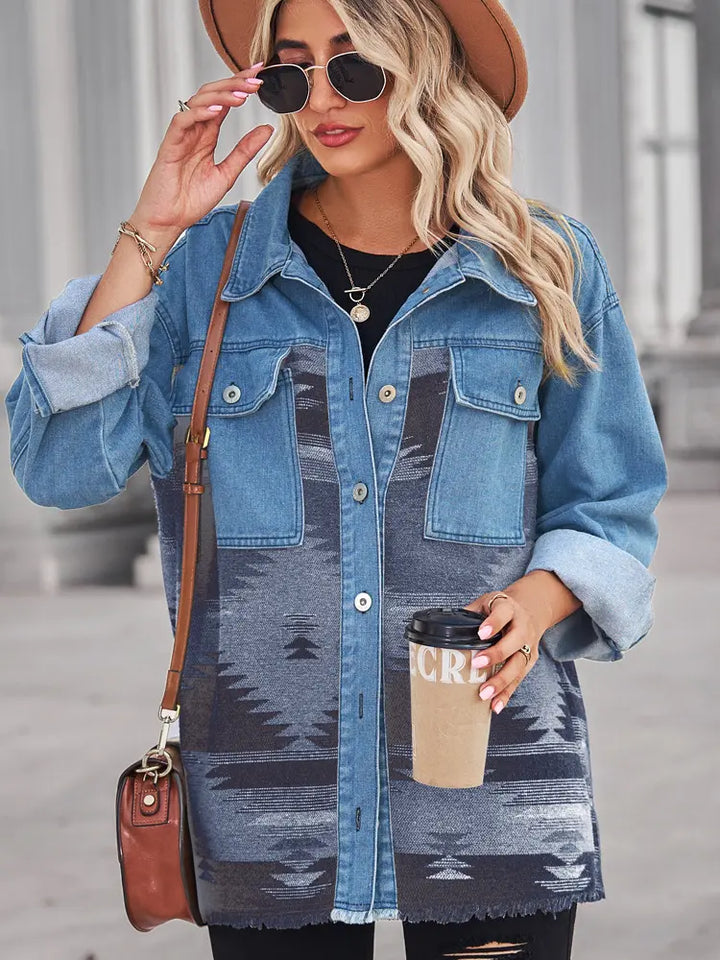Aztec Geometric Long Denim Patchwork Wool Coat