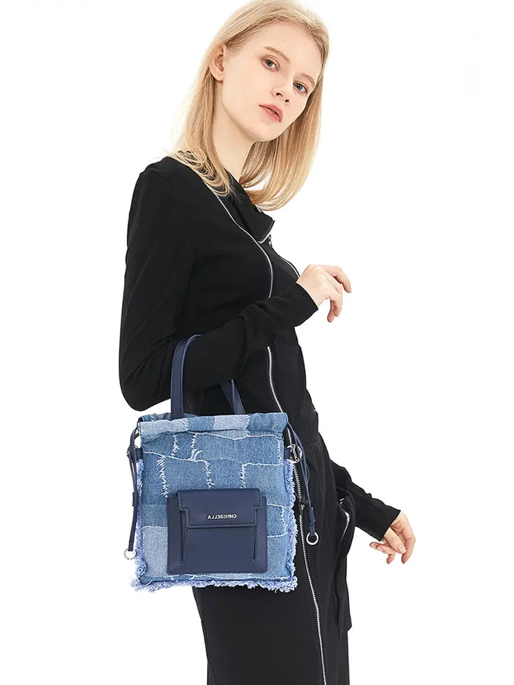 Denim Patchwork Lucky Bucket Crossbody Tote
