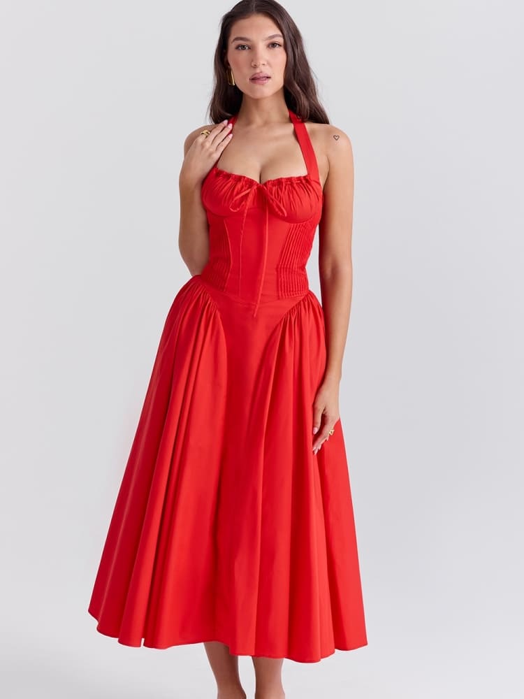 Red Backless Halter Midi Dress