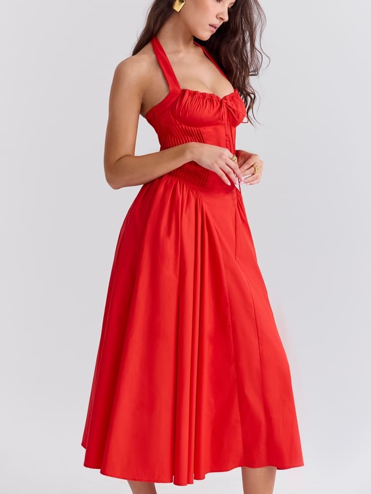 Red Backless Halter Midi Dress