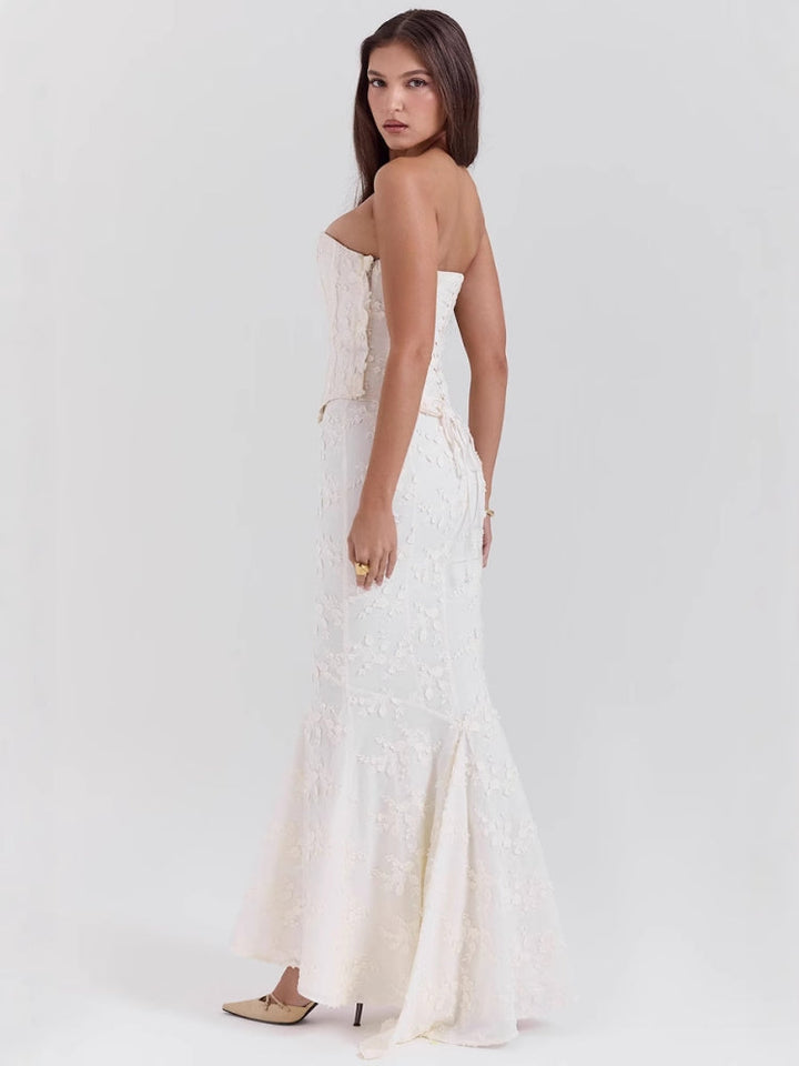 Embroidered Off-the-shoulder Backless Fitted Maxi Dress