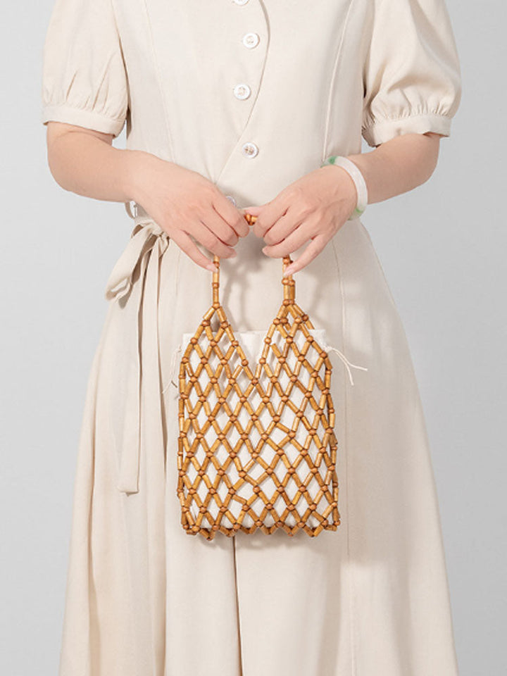 Hollow-Out Wooden Bead Woven Tote Bag