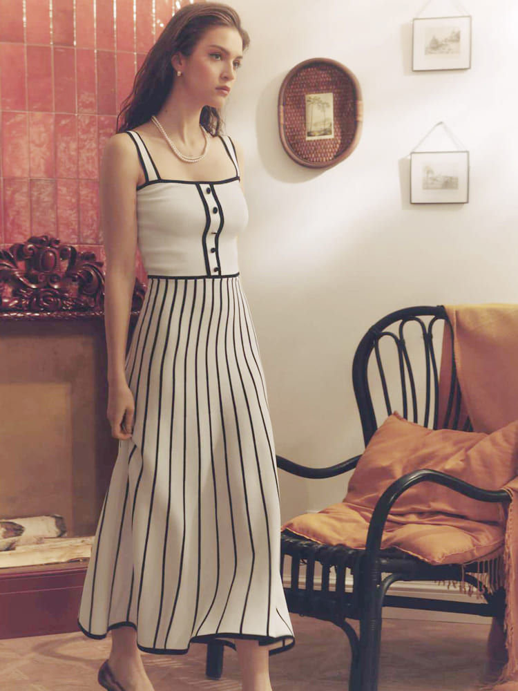 Striped Colorblock Knit Spaghetti Strap Midi Dress