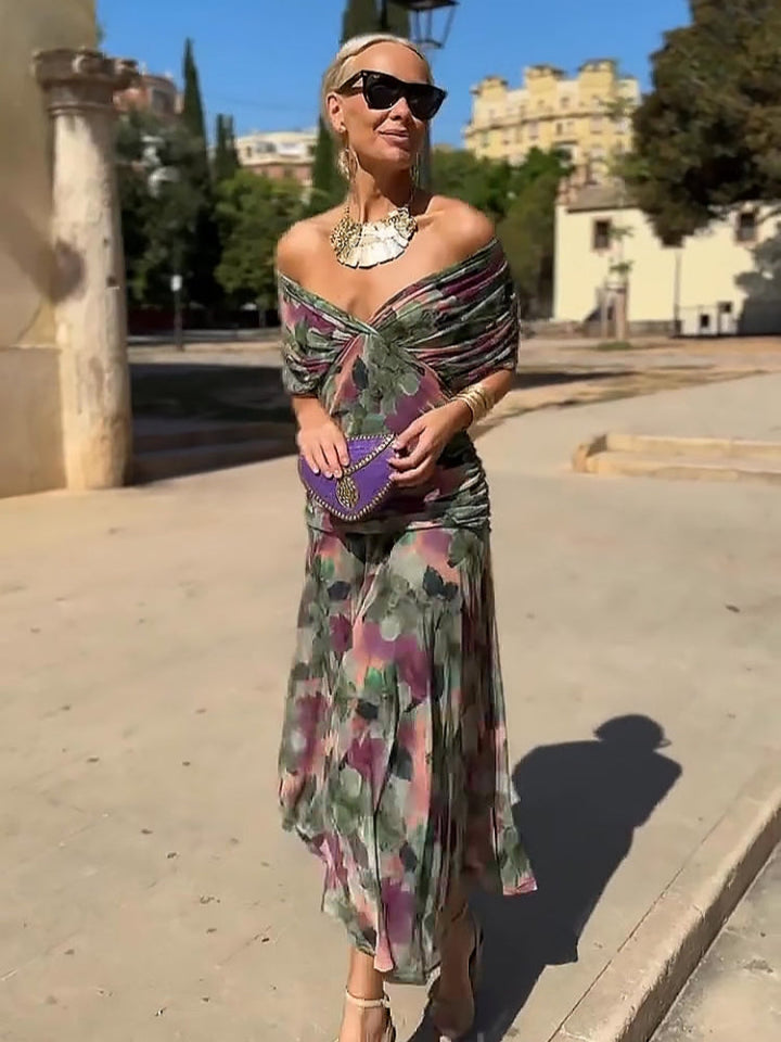 Elegant V-neck Fantasy Painted Floral Print Party Maxi Dress