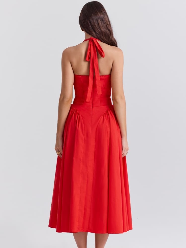 Red Backless Halter Midi Dress