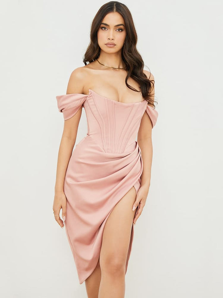 Cap Shoulder Corset Bodycon Midi Dress - Nude Pink