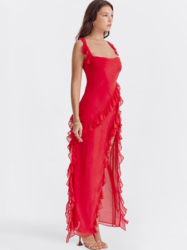 Ruffled Long Maxi Slip Dress - Red