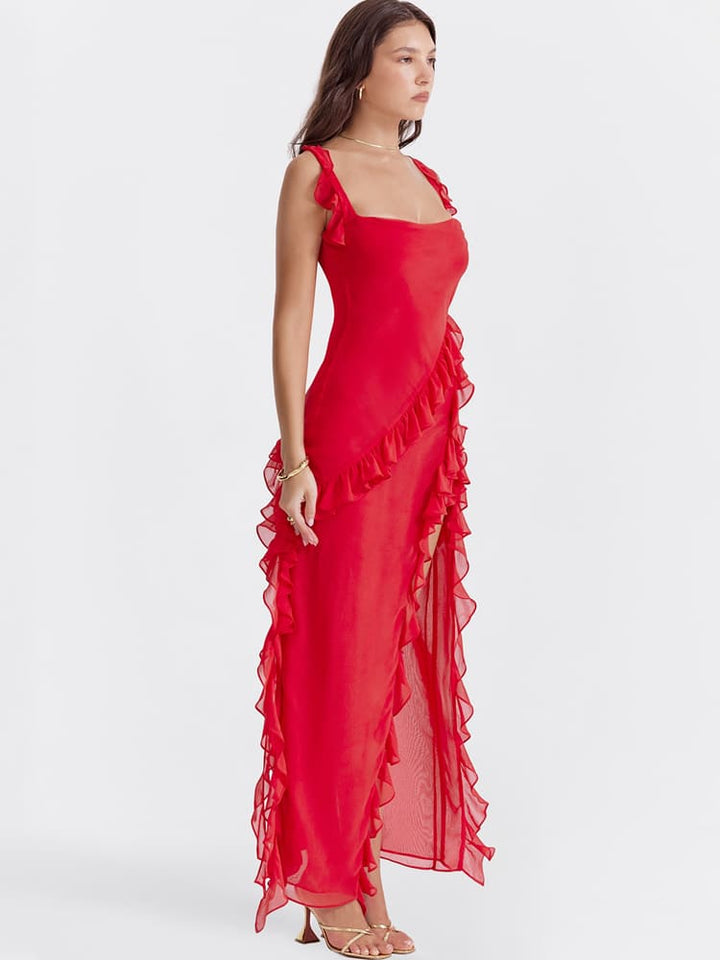 Ruffled Long Maxi Slip Dress - Red