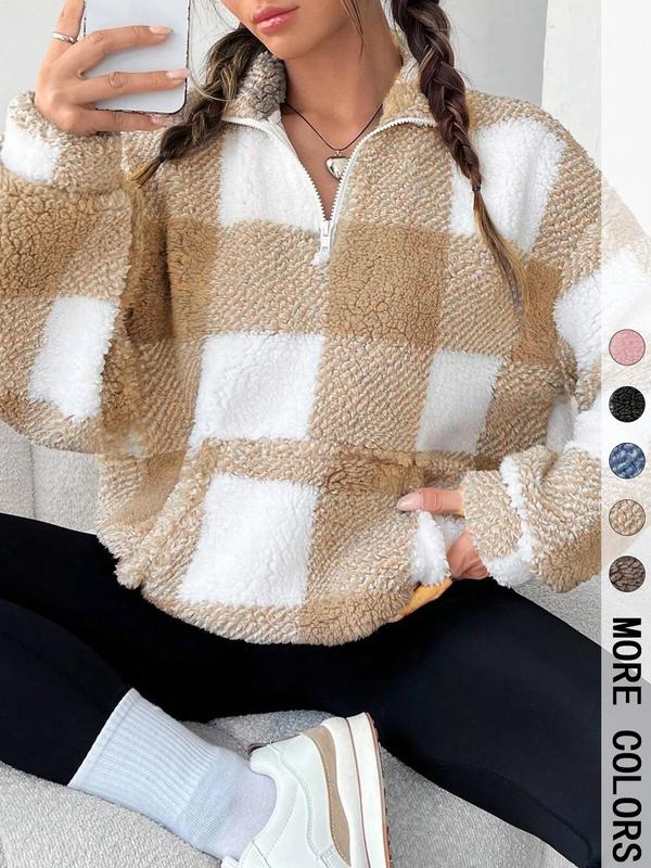 SAVANNAH™ - Stylish Plaid Print Half Zip Sweatshirt Casual Long Sleeve