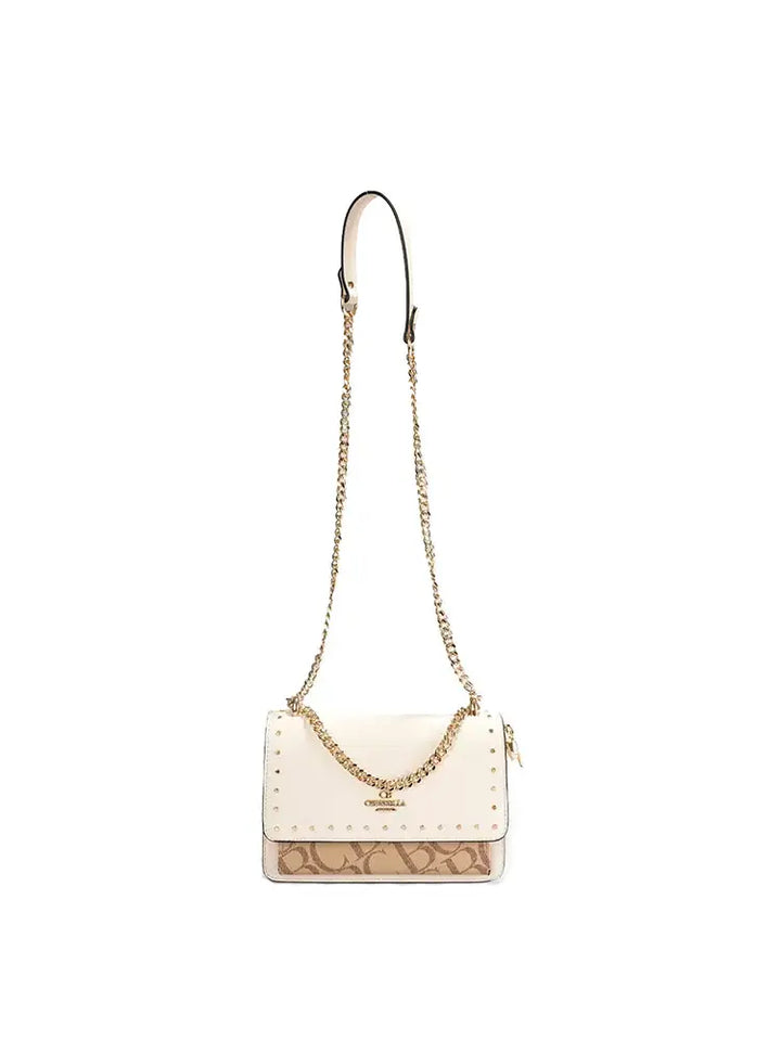 Studded Letter Print Chain Top Handle Bag