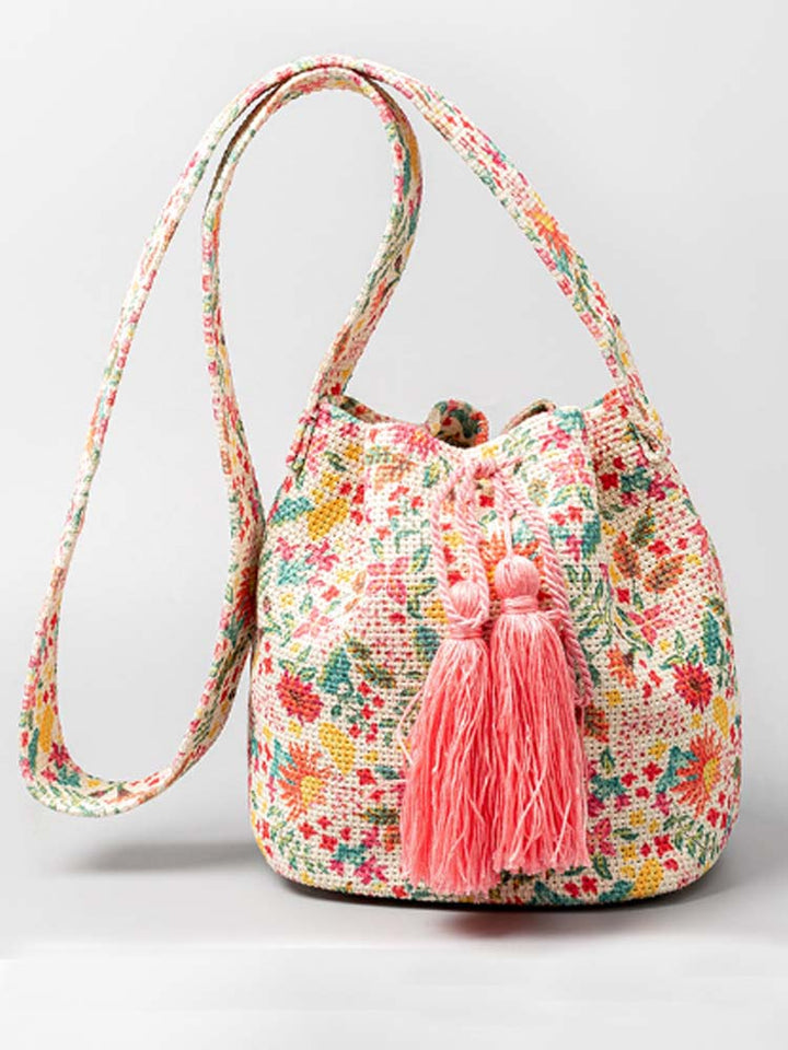 Printed Canvas Crossbody Barrel Bag