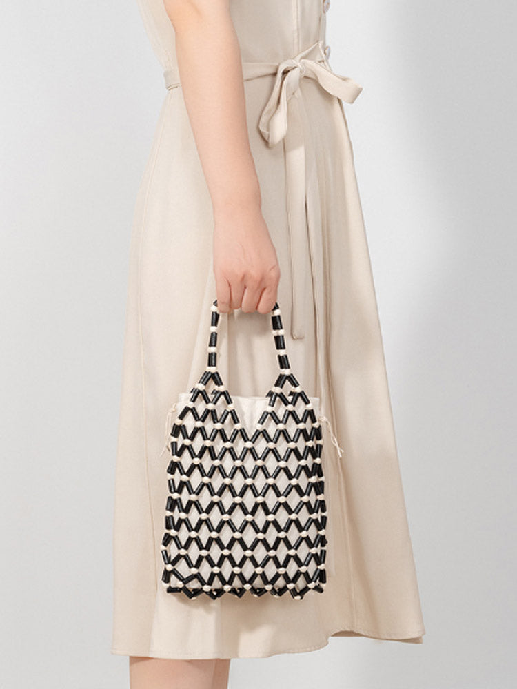 Hollow-Out Wooden Bead Woven Tote Bag