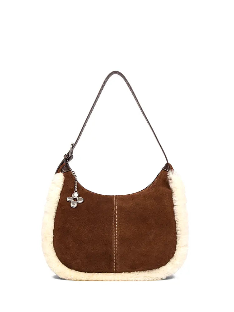 Shearling Crescent Hobo Shoulder Bag