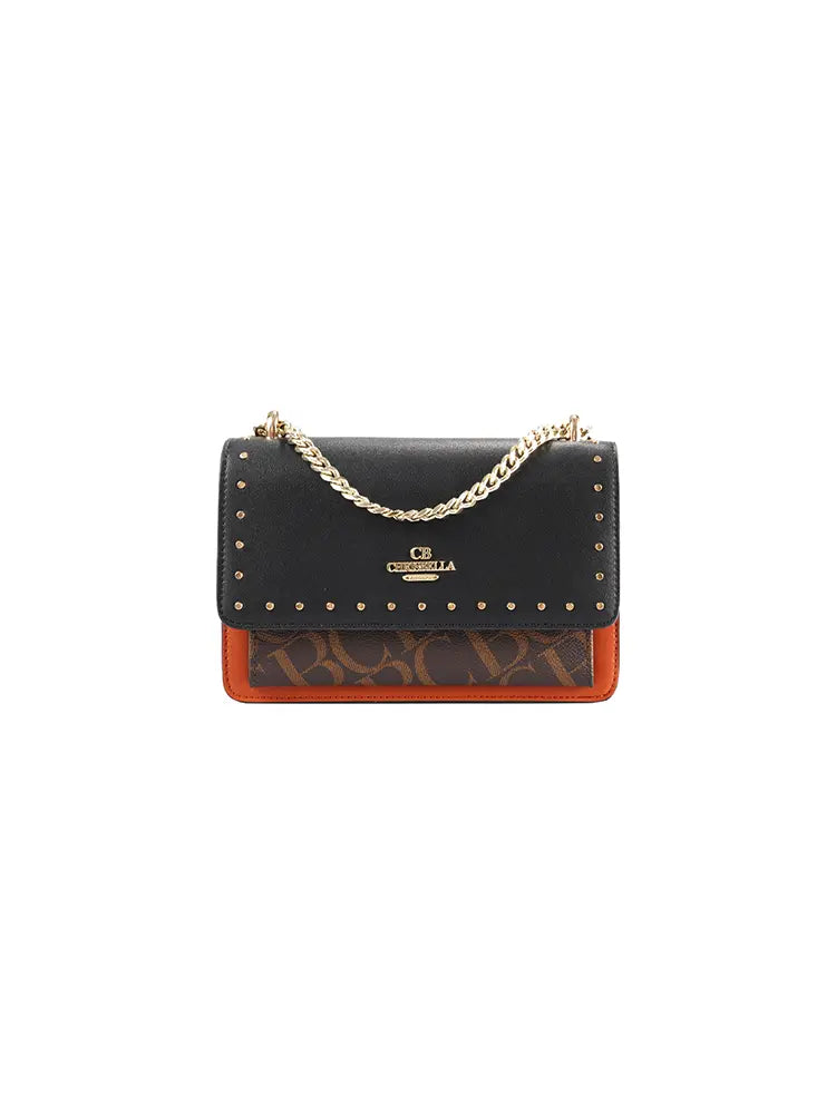 Studded Letter Print Chain Top Handle Bag