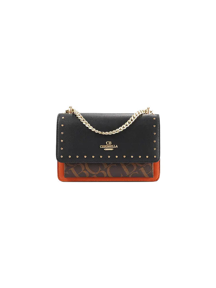 Studded Letter Print Chain Top Handle Bag