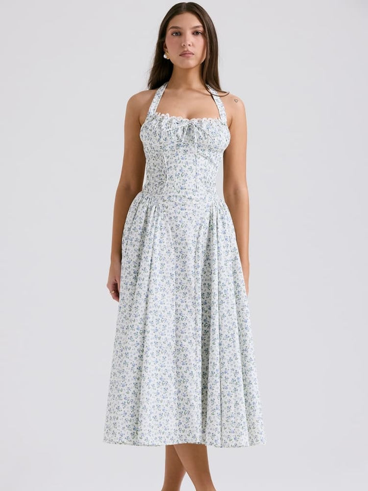 White Halter Backless Dress with Bluebell Floral Print