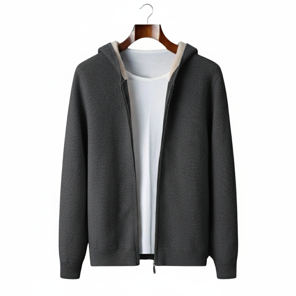 100% CASHMERE TWO -TONE ZIPPER HOODIE