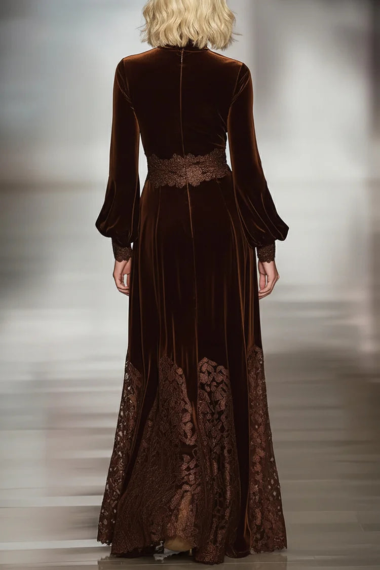Isabella · Maxi Velvet Dress with High Neck and Balloon Sleeves in Patchwork Lace