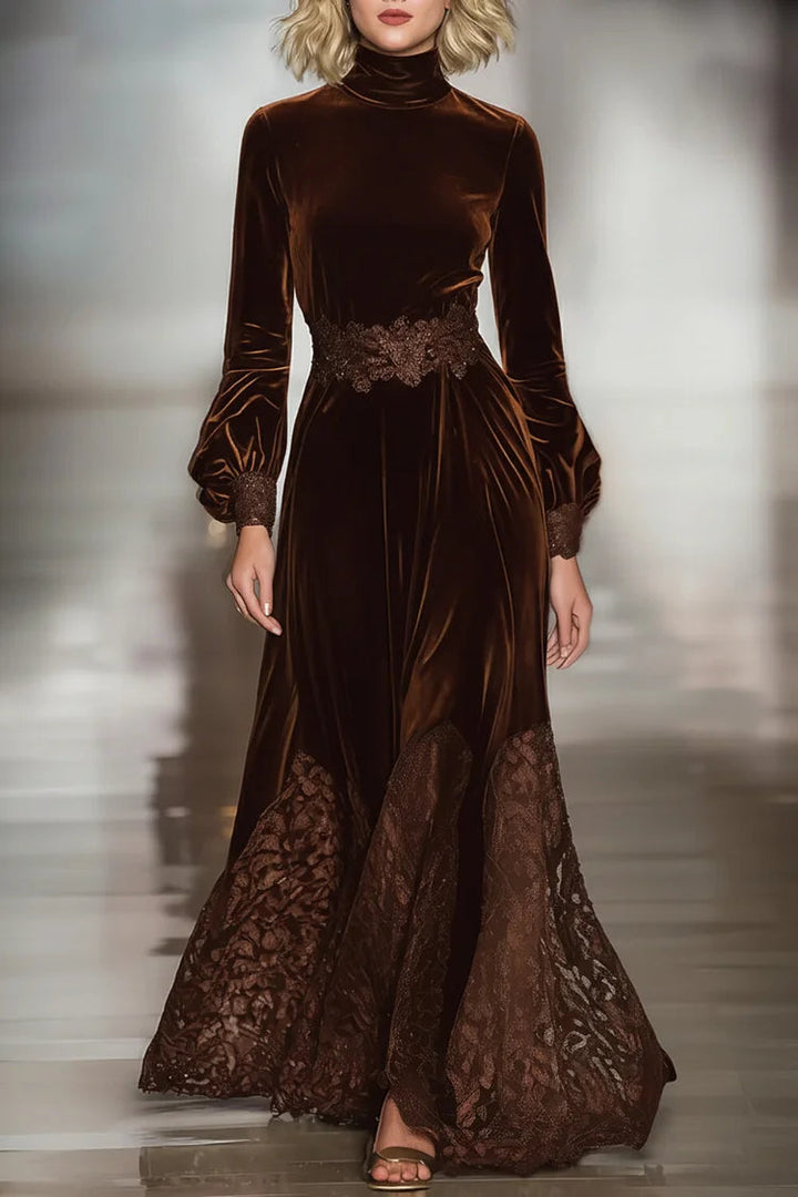 Isabella · Maxi Velvet Dress with High Neck and Balloon Sleeves in Patchwork Lace