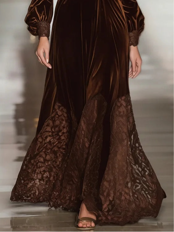 Isabella · Maxi Velvet Dress with High Neck and Balloon Sleeves in Patchwork Lace