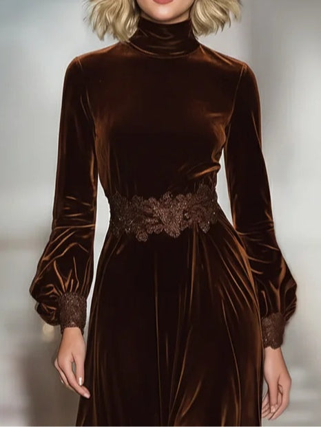 Isabella · Maxi Velvet Dress with High Neck and Balloon Sleeves in Patchwork Lace