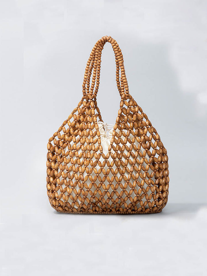 Handcrafted Wooden Bead Woven Tote Bag