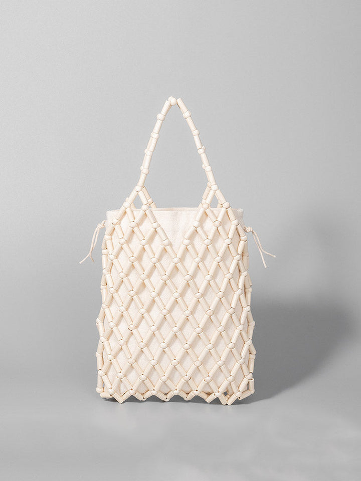 Hollow-Out Wooden Bead Woven Tote Bag