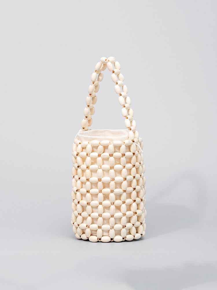 Hollowed-Out Wooden Bead Woven Bucket Bag