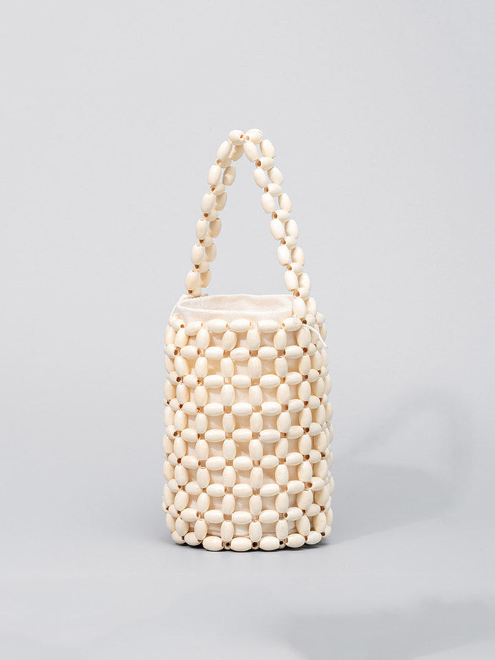 Hollowed-Out Wooden Bead Woven Bucket Bag