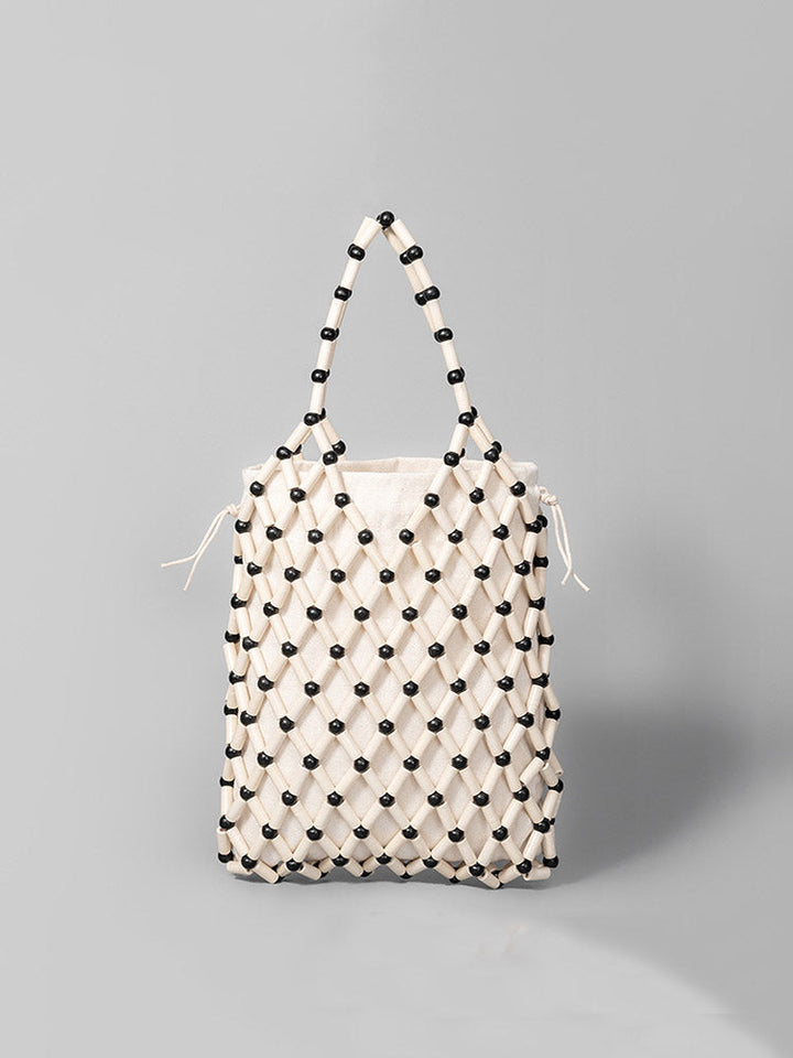 Hollow-Out Wooden Bead Woven Tote Bag
