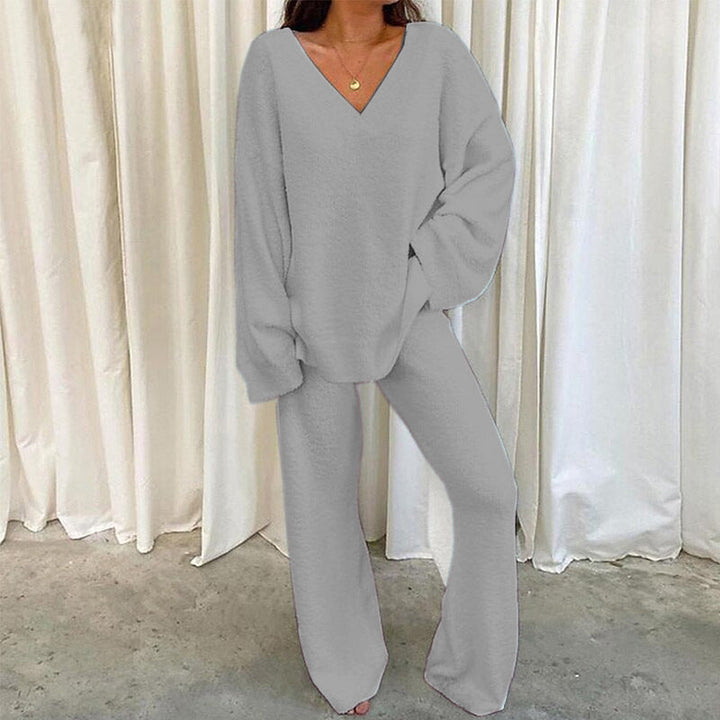 REBECCA™ - Women’s 2-Piece Lounge Set Soft Chunky V-Neck Top & Wide Leg Pants for Homewear