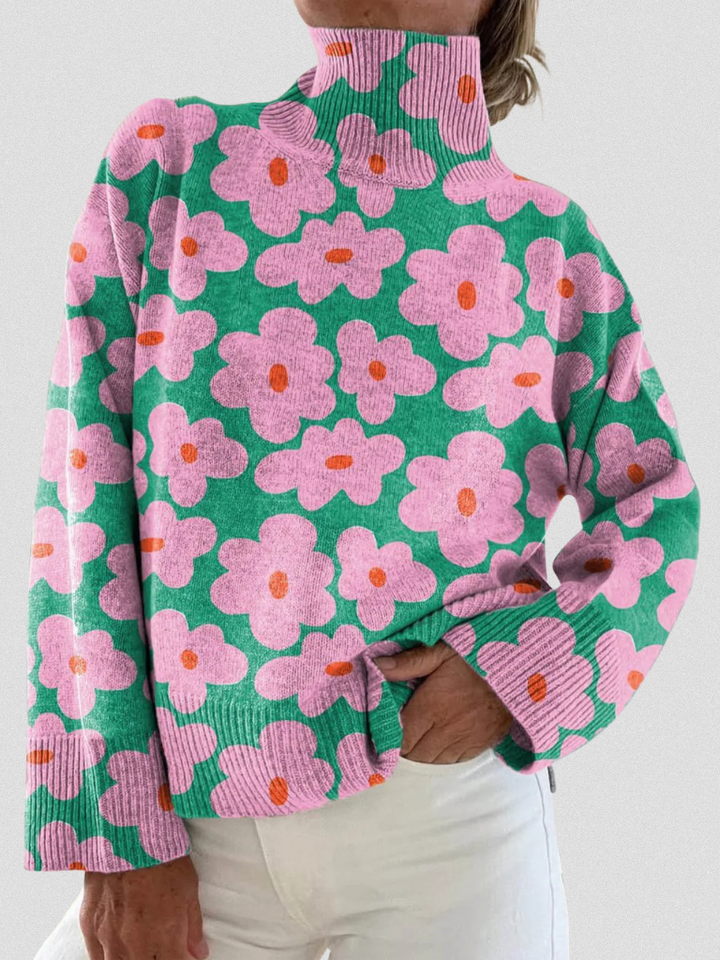 Alexandra | Soft Knit Sweater Retro Floral Mint Pink Mock-Neck