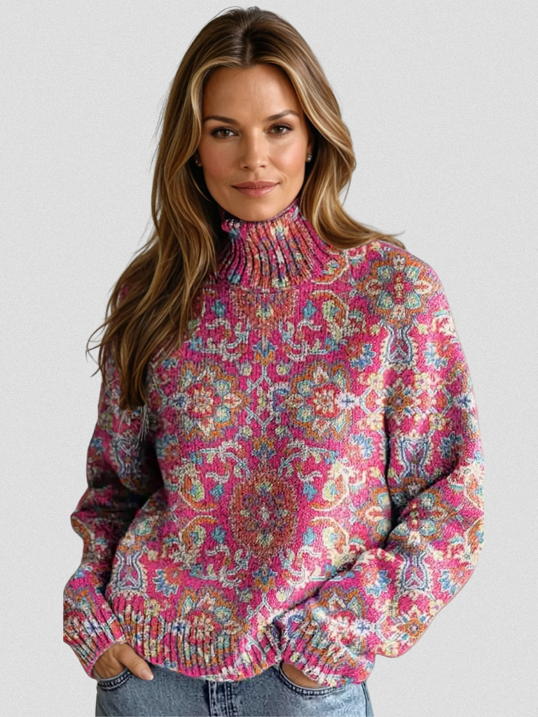 Aleah | Mosaic Knit Sweater  Vibrant Colorful Mock-Neck