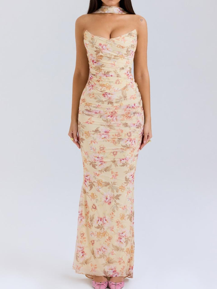 Floral Strapless Bodice and High Waist Skirt with Tie Set